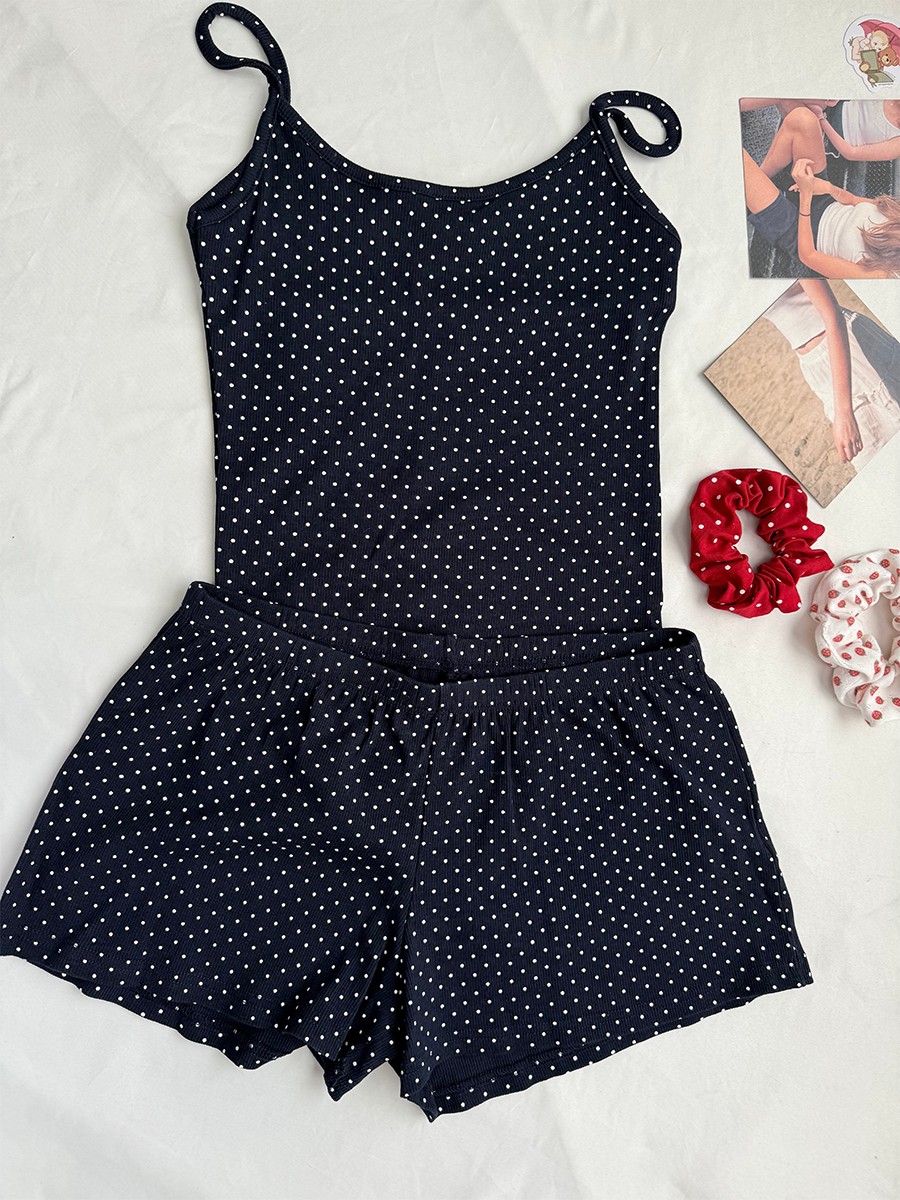 Navy Dot Ribbed Shorts Sets Wo - مراجعة Tank Top Ribbed وسعره
